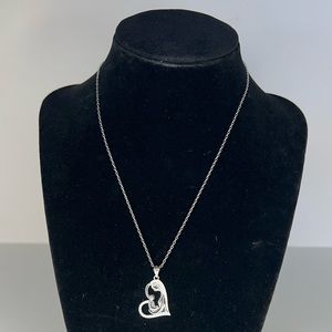 NWOT Sterling Silver Necklace Mother & Baby Heart Pendant with Cubic Zirconia